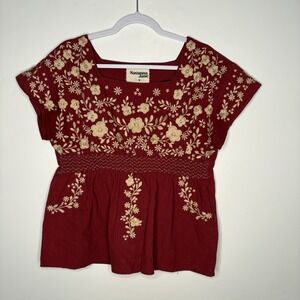 Maroon Floral Embroidery Babydoll Top Savanna Jane Medium Boho Chic Mexican